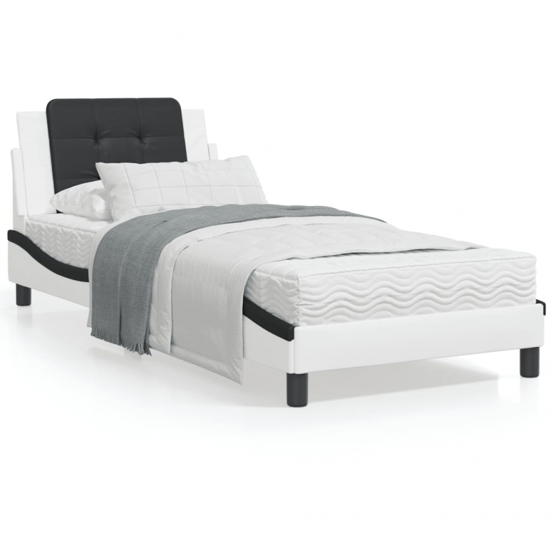 Bett mit Matratze Weiß und Schwarz 90x200 cm Kunstleder