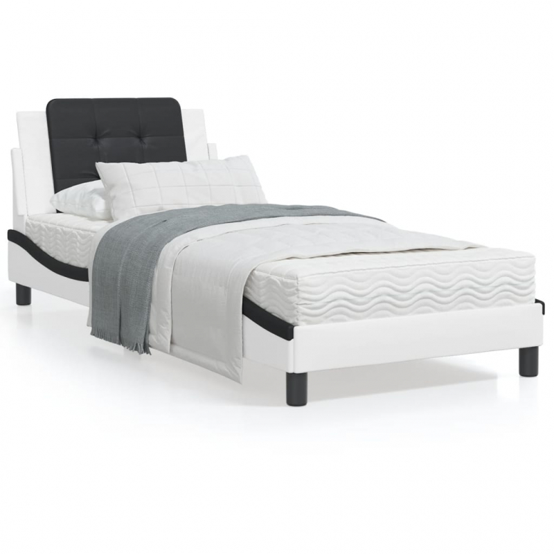 Bett mit Matratze Weiß und Schwarz 100x200 cm Kunstleder