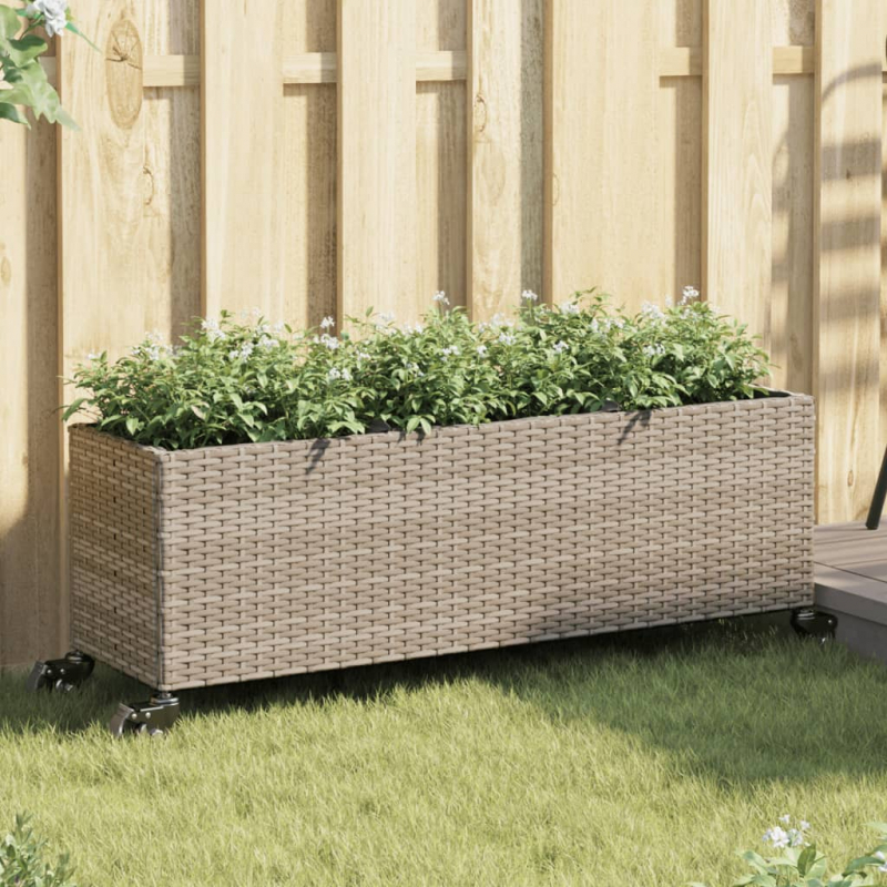 Pflanzkübel mit Rollen 3 Töpfe Grau 107x32x38 cm Poly-Rattan