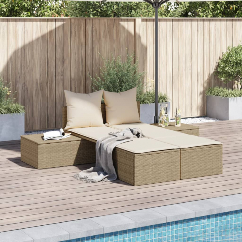 Doppel-Sonnenliege mit Auflagen Beige Poly Rattan