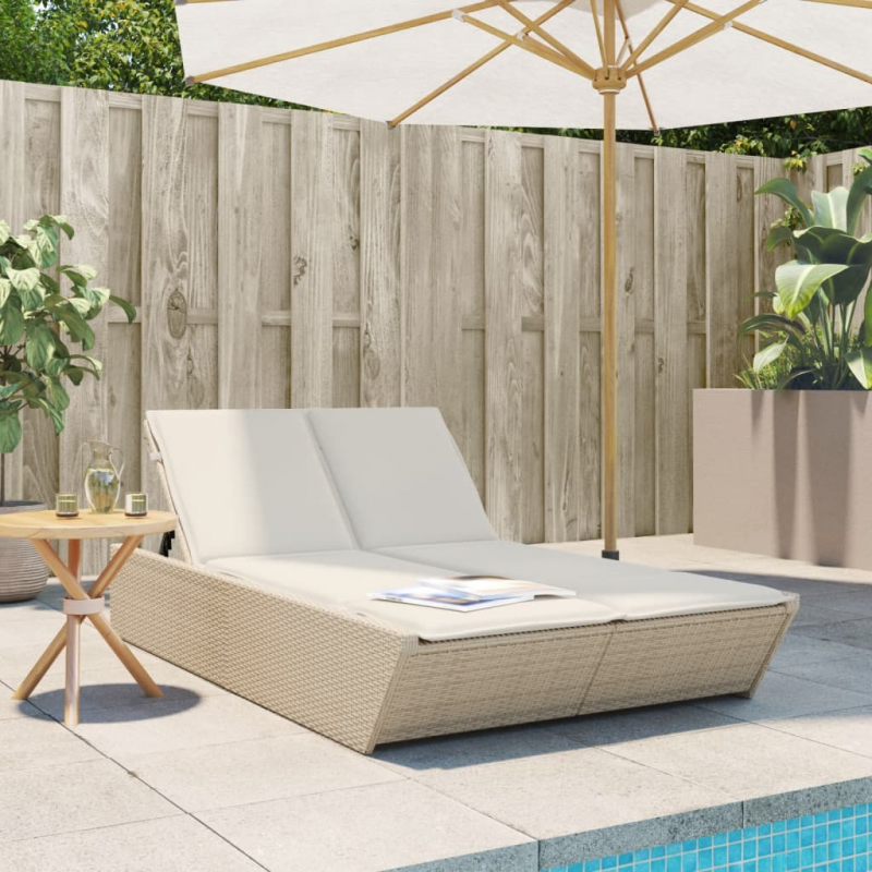 Doppel-Sonnenliege mit Auflagen Beige Poly-Rattan