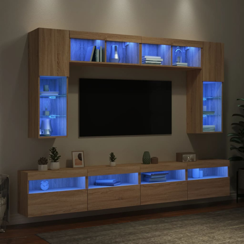 8-tlg. TV-Wohnwand mit LED-Leuchten Sonoma-Eiche