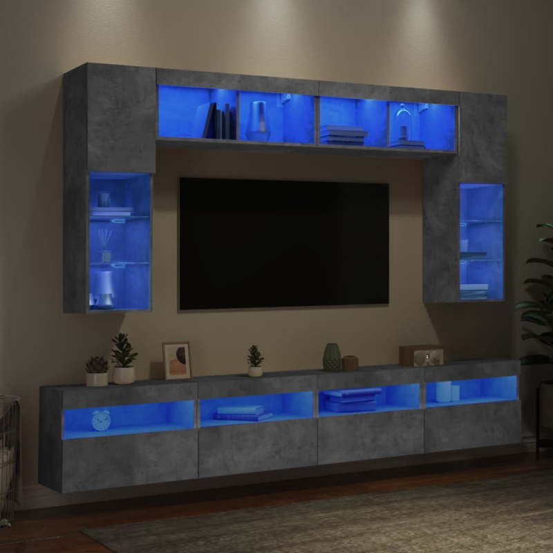 8-tlg. TV-Wohnwand mit LED-Leuchten Betongrau