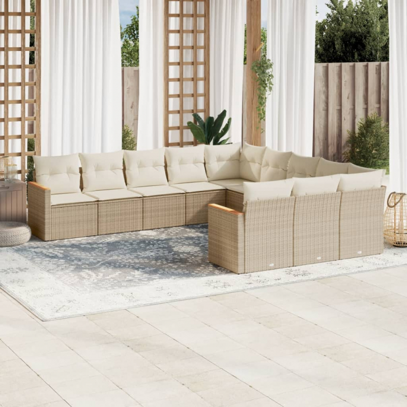 11-tlg. Garten-Sofagarnitur mit Kissen Beige Poly Rattan