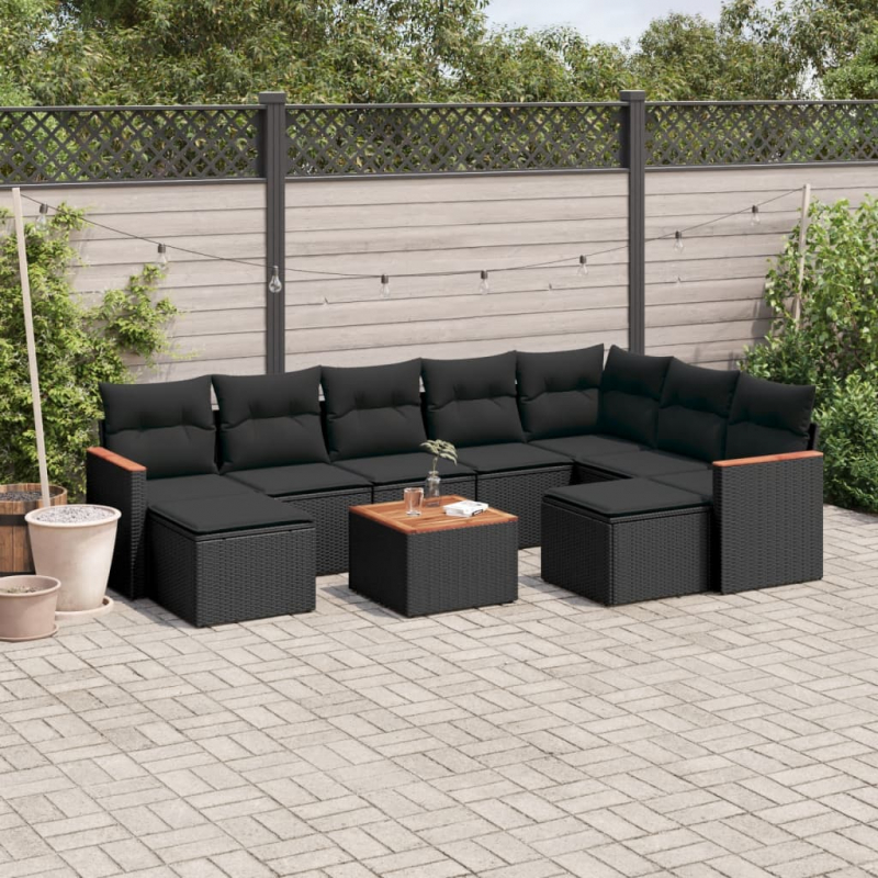 10-tlg. Garten-Sofagarnitur mit Kissen Schwarz Poly Rattan