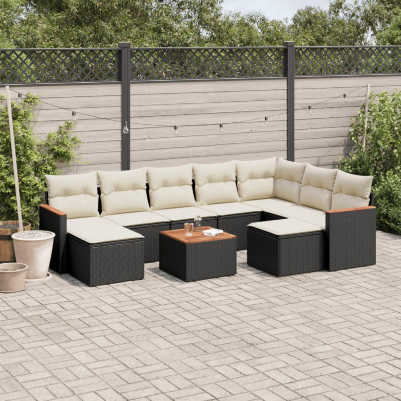 10-tlg. Garten-Sofagarnitur mit Kissen Schwarz Poly Rattan