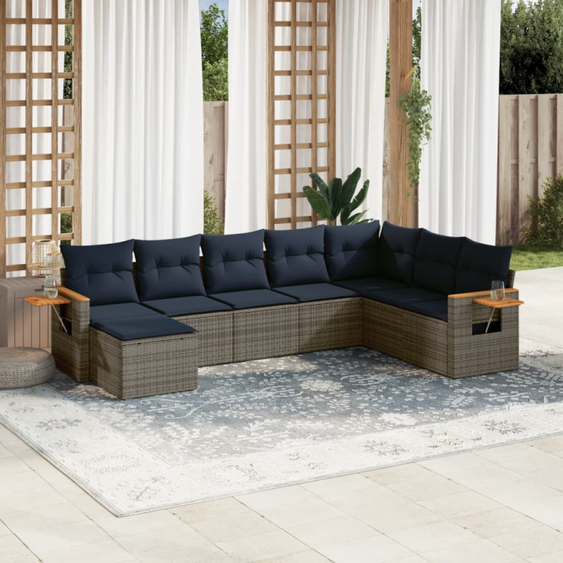 8-tlg. Garten-Sofagarnitur mit Kissen Grau Poly Rattan