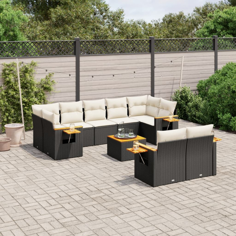 10-tlg. Garten-Sofagarnitur mit Kissen Schwarz Poly Rattan