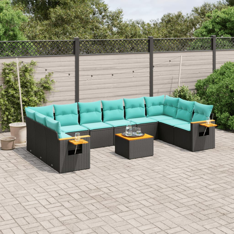 11-tlg. Garten-Sofagarnitur mit Kissen Schwarz Poly Rattan
