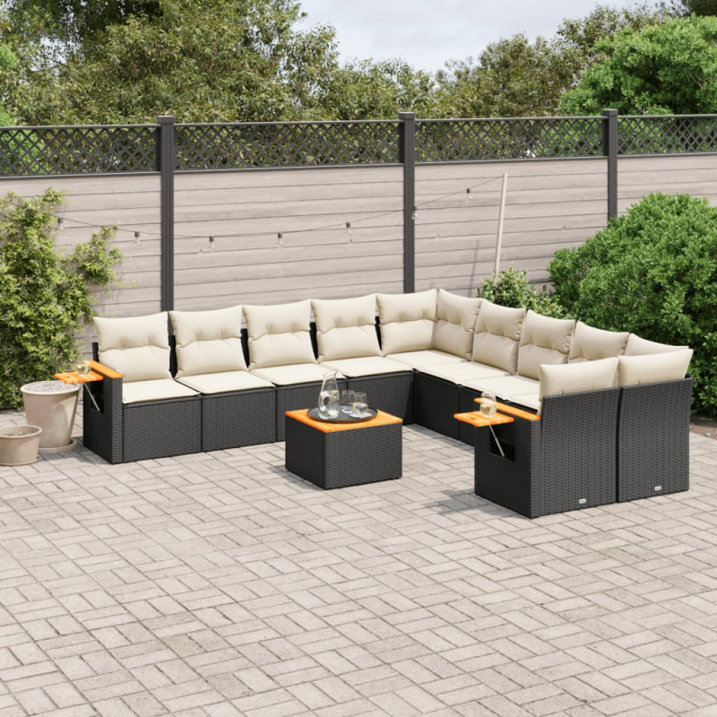 11-tlg. Garten-Sofagarnitur mit Kissen Schwarz Poly Rattan