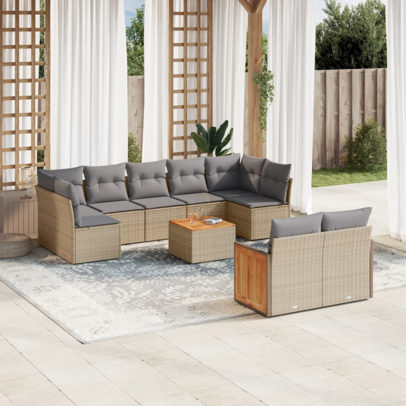 10-tlg. Garten-Sofagarnitur mit Kissen Beige Poly Rattan