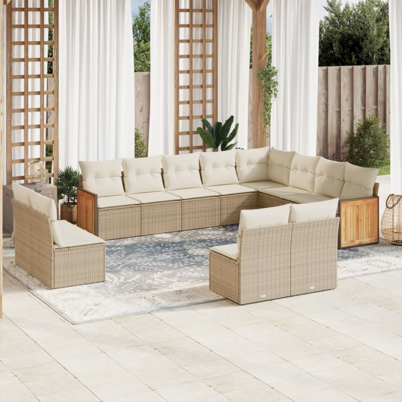 12-tlg. Garten-Sofagarnitur mit Kissen Beige Poly Rattan