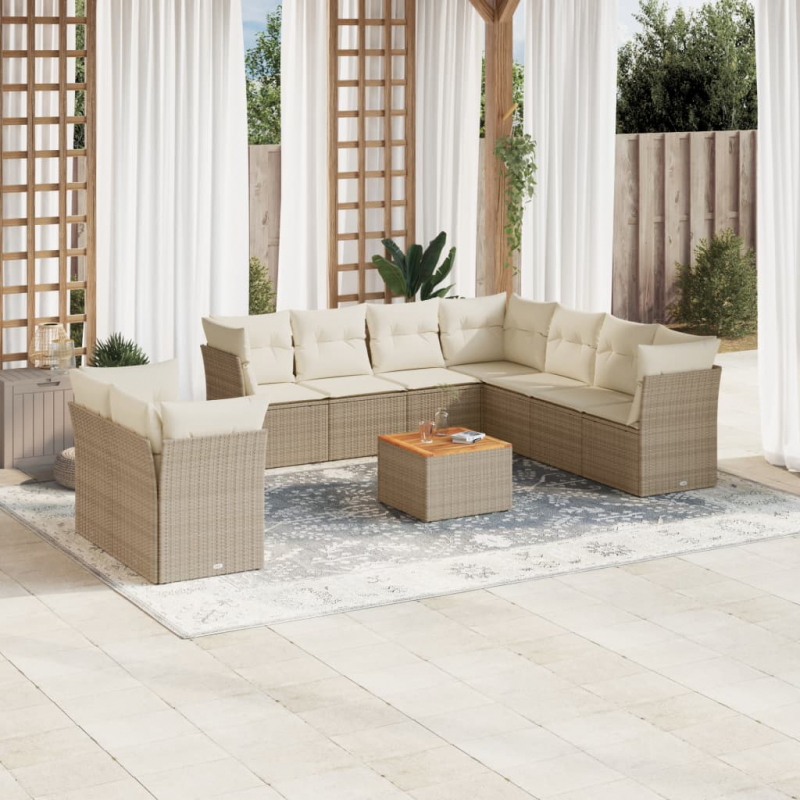 10-tlg. Garten-Sofagarnitur mit Kissen Beige Poly Rattan