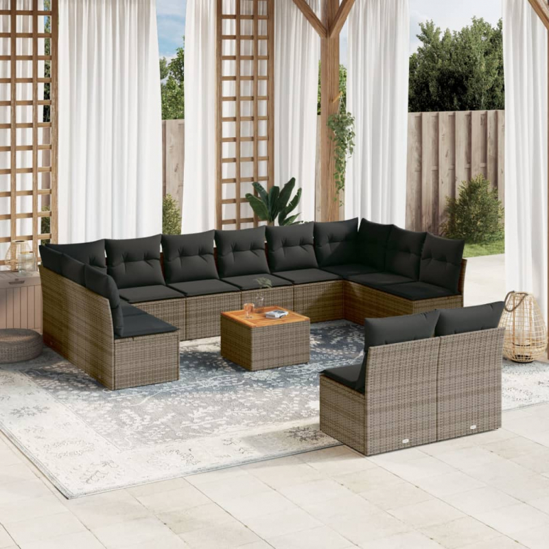 13-tlg. Garten-Sofagarnitur mit Kissen Grau Poly Rattan