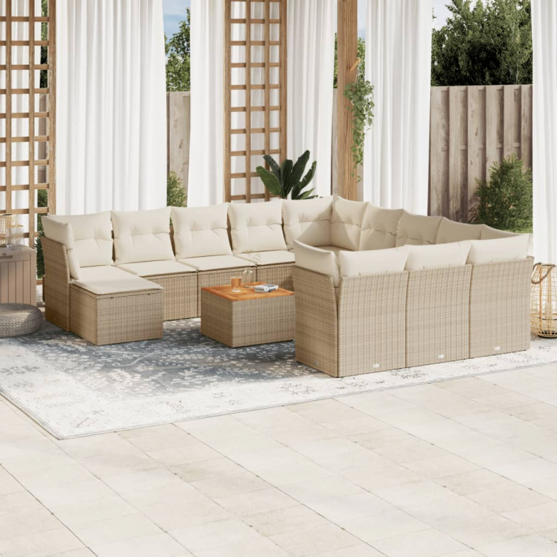 13-tlg. Garten-Sofagarnitur mit Kissen Beige Poly Rattan