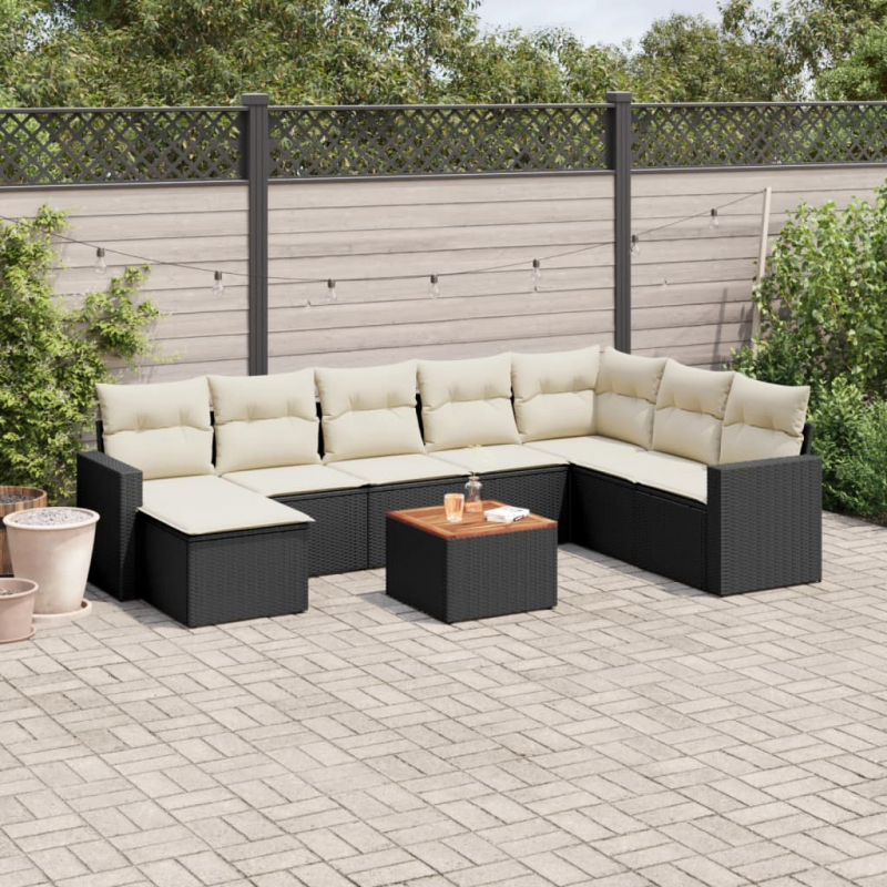 9-tlg. Garten-Sofagarnitur mit Kissen Schwarz Poly Rattan