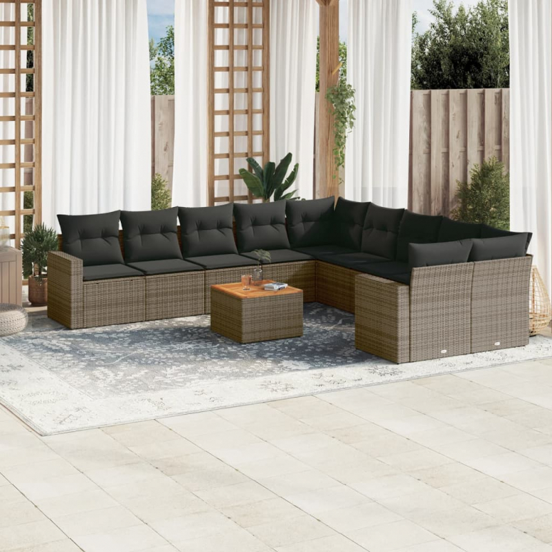 11-tlg. Garten-Sofagarnitur mit Kissen Grau Poly Rattan