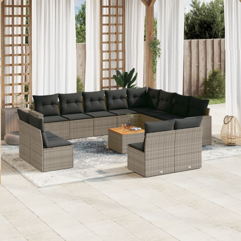 13-tlg. Garten-Sofagarnitur mit Kissen Grau Poly Rattan