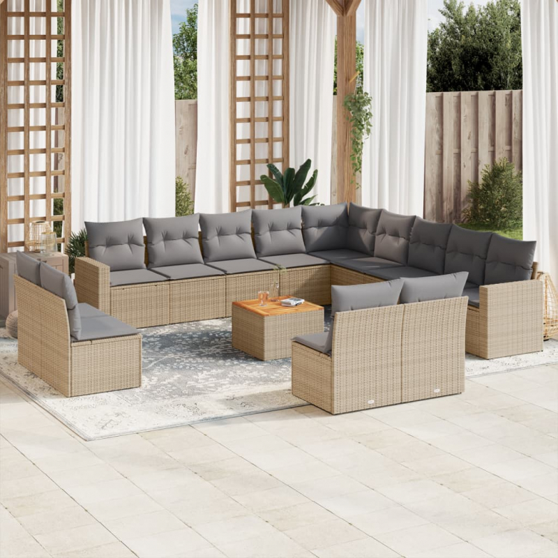 14-tlg. Garten-Sofagarnitur mit Kissen Beige Poly Rattan