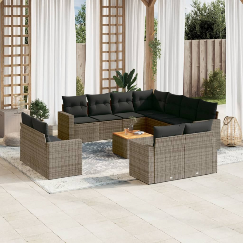 12-tlg. Garten-Sofagarnitur mit Kissen Grau Poly Rattan