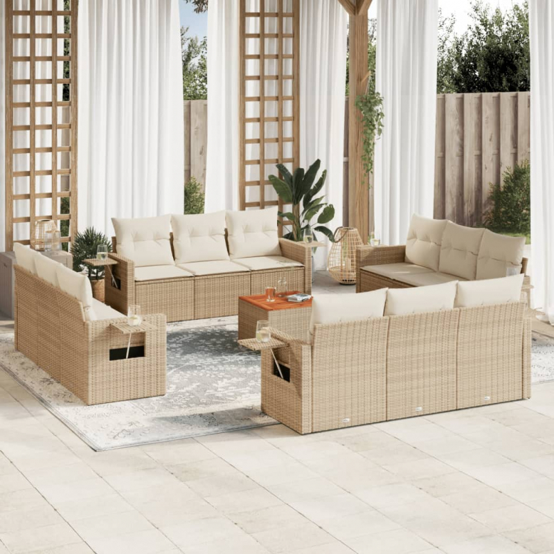 13-tlg. Garten-Sofagarnitur mit Kissen Beige Poly Rattan