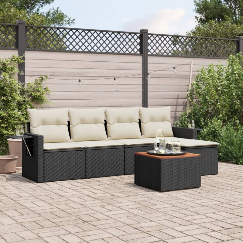 6-tlg. Garten-Sofagarnitur mit Kissen Schwarz Poly Rattan