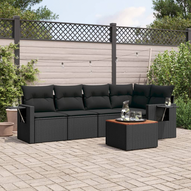 6-tlg. Garten-Sofagarnitur mit Kissen Schwarz Poly Rattan