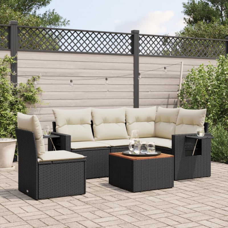 6-tlg. Garten-Sofagarnitur mit Kissen Schwarz Poly Rattan