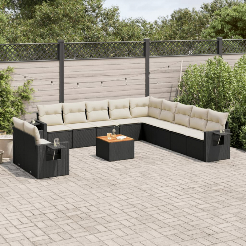 12-tlg. Garten-Sofagarnitur mit Kissen Schwarz Poly Rattan