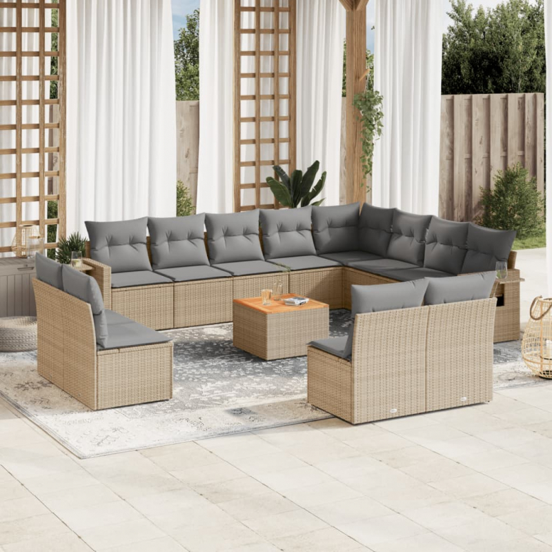 13-tlg. Garten-Sofagarnitur mit Kissen Beige Poly Rattan