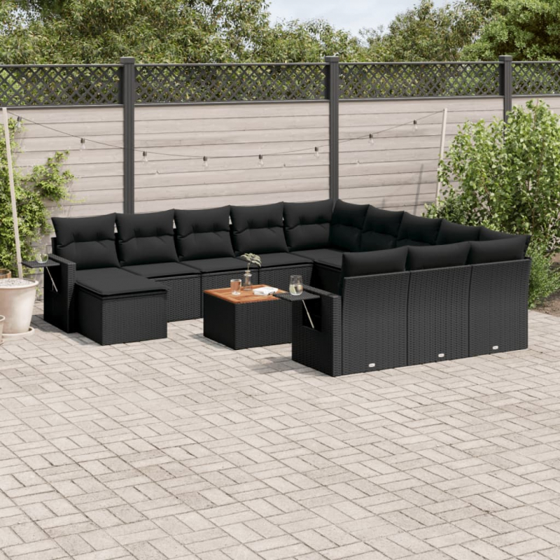 13-tlg. Garten-Sofagarnitur mit Kissen Schwarz Poly Rattan