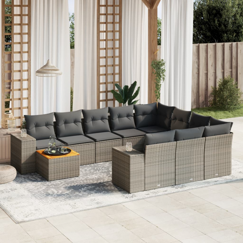 11-tlg. Garten-Sofagarnitur mit Kissen Beige Poly Rattan