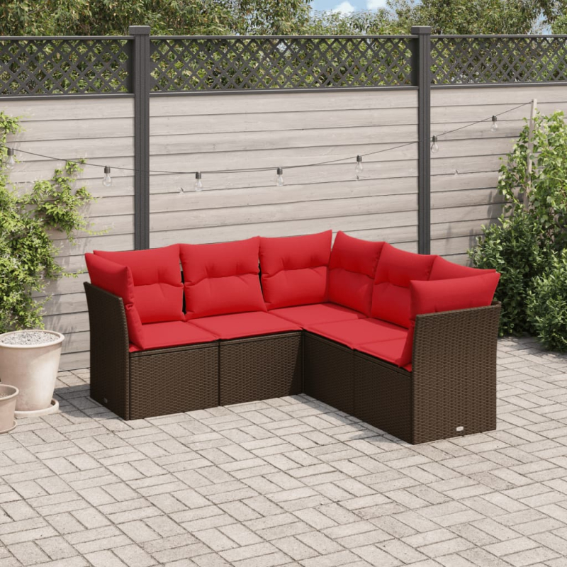5-tlg. Garten-Sofagarnitur mit Kissen Braun Poly Rattan