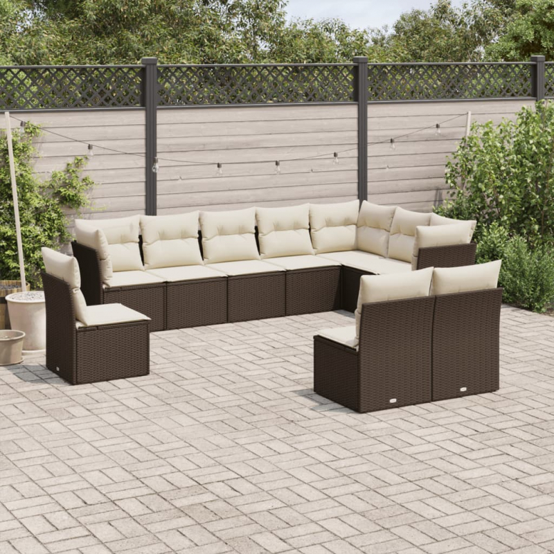 10-tlg. Garten-Sofagarnitur mit Kissen Braun Poly Rattan