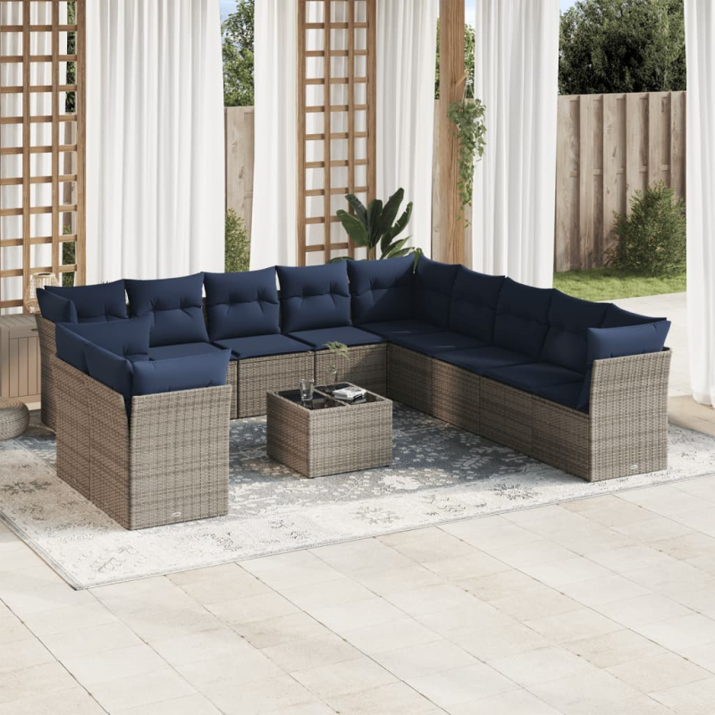 12-tlg. Garten-Sofagarnitur mit Kissen Grau Poly Rattan
