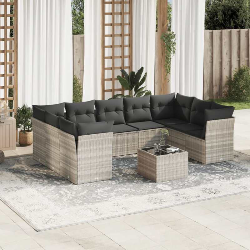 10-tlg. Garten-Sofagarnitur mit Kissen Hellgrau Poly Rattan