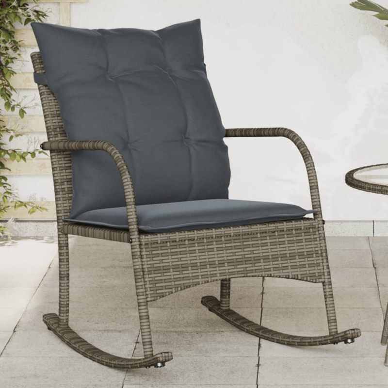 Garten-Schaukelstuhl mit Kissen Grau Poly Rattan