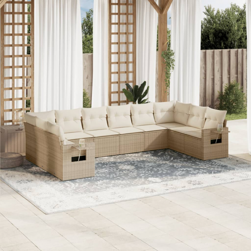 10-tlg. Garten-Sofagarnitur mit Kissen Beige Poly Rattan