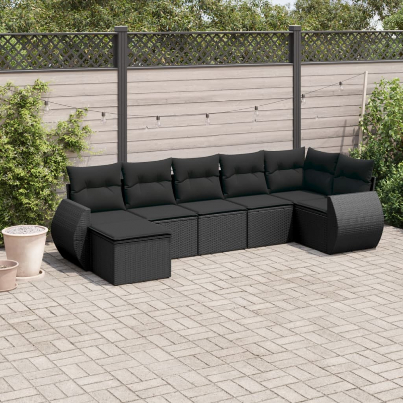 7-tlg. Garten-Sofagarnitur mit Kissen Schwarz Poly Rattan