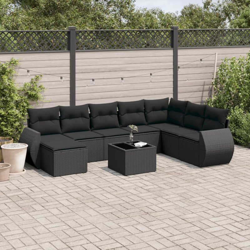 9-tlg. Garten-Sofagarnitur mit Kissen Schwarz Poly Rattan