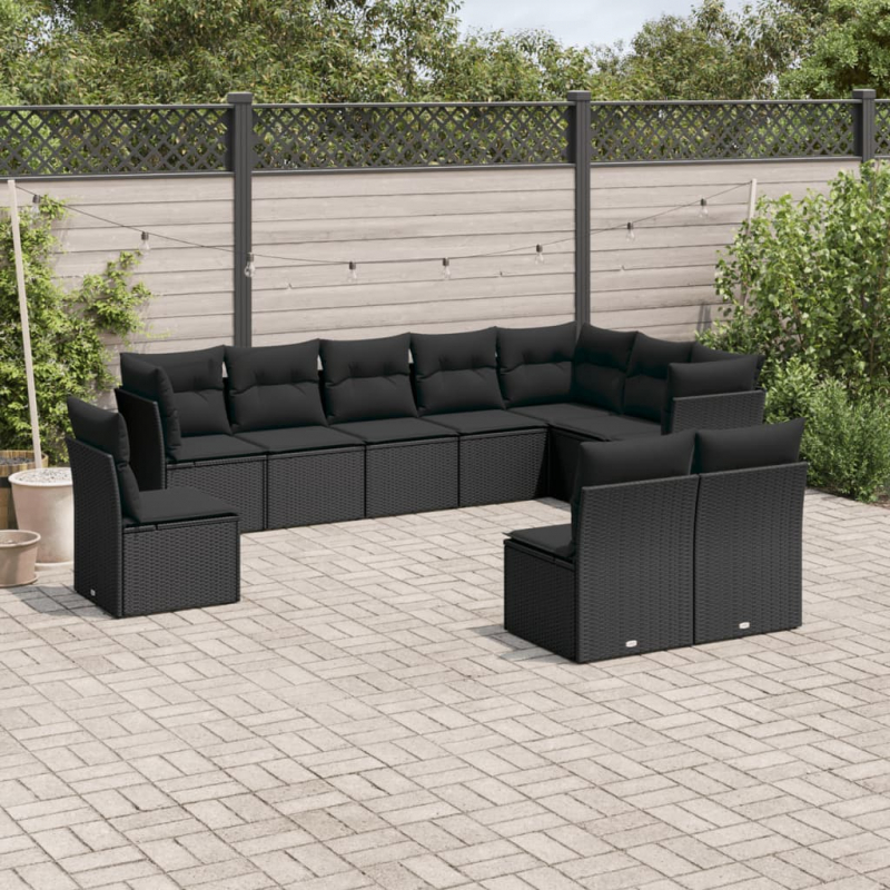 10-tlg. Garten-Sofagarnitur mit Kissen Schwarz Poly Rattan