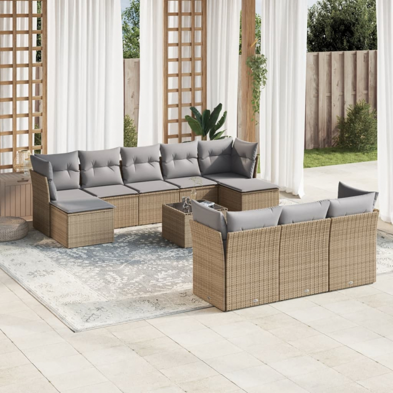 10-tlg. Garten-Sofagarnitur mit Kissen Beige Poly Rattan