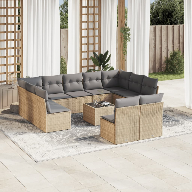 12-tlg. Garten-Sofagarnitur mit Kissen Beige Poly Rattan