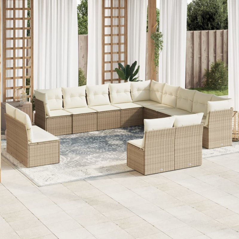 13-tlg. Garten-Sofagarnitur mit Kissen Beige Poly Rattan