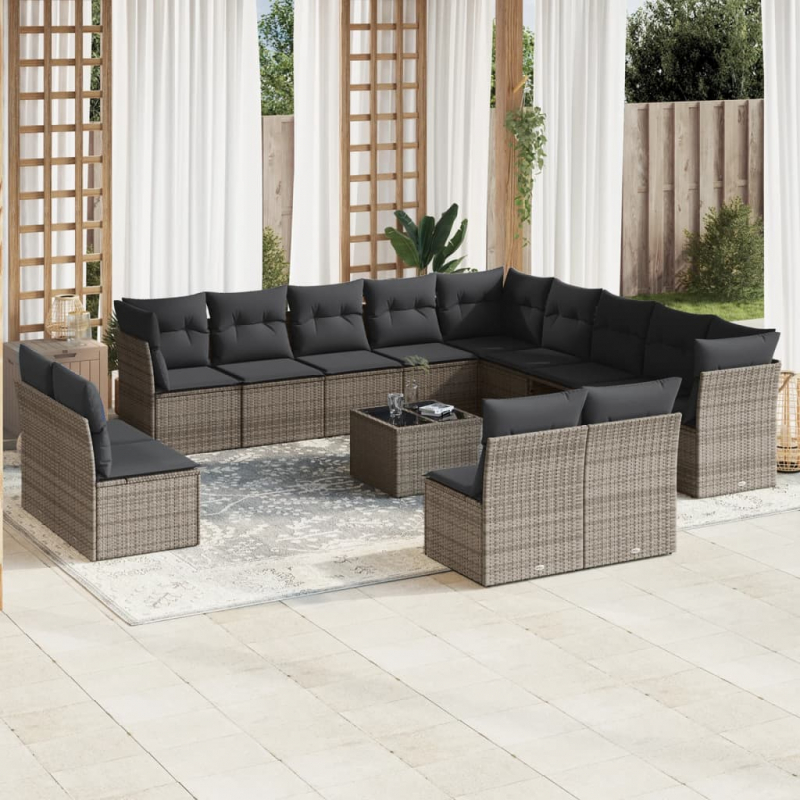 14-tlg. Garten-Sofagarnitur mit Kissen Grau Poly Rattan