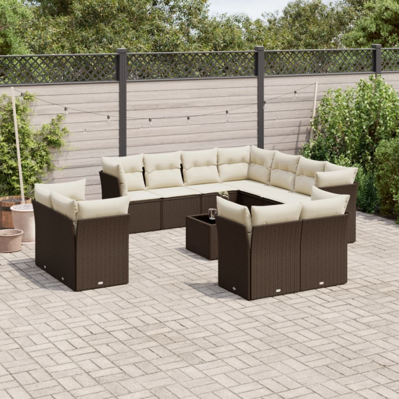 12-tlg. Garten-Sofagarnitur mit Kissen Braun Poly Rattan