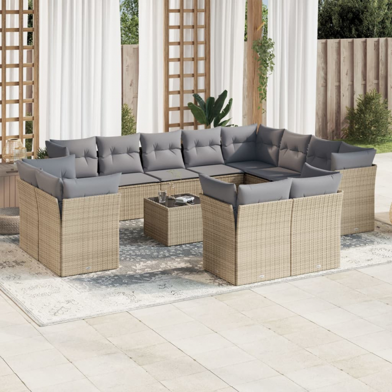 13-tlg. Garten-Sofagarnitur mit Kissen Beige Poly Rattan
