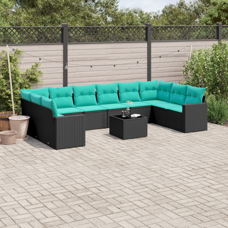 11-tlg. Garten-Sofagarnitur mit Kissen Schwarz Poly Rattan