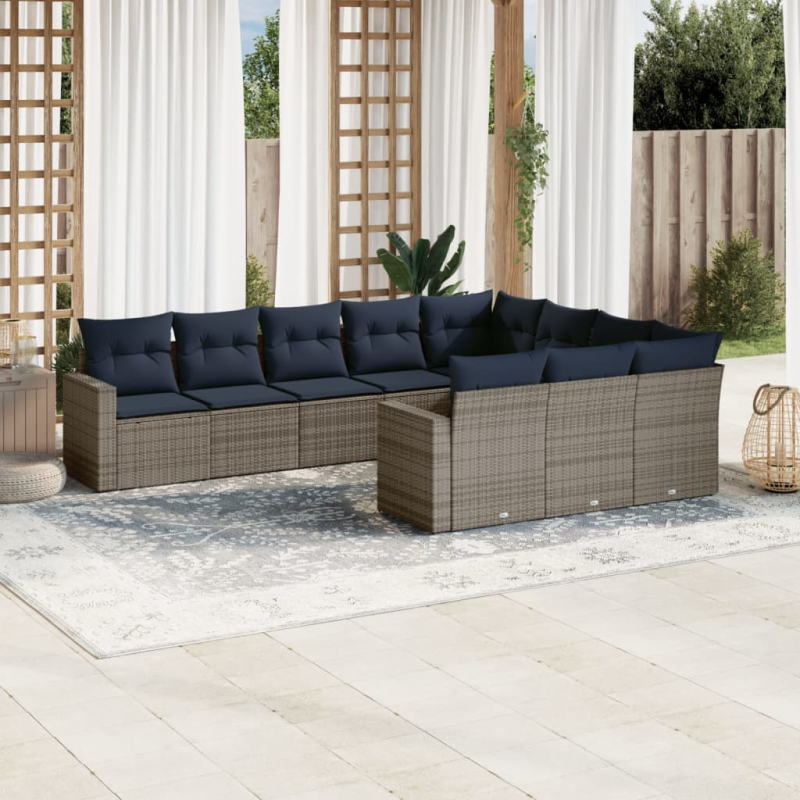 10-tlg. Garten-Sofagarnitur mit Kissen Grau Poly Rattan