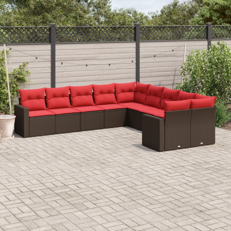 10-tlg. Garten-Sofagarnitur mit Kissen Braun Poly Rattan